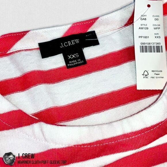 J. CREW MARINER CLOTH PUFF-SLEEVE TOP IN FADED POPPY RED STRIPE WOMEN’S SIZE XXS - Picture 5 of 13